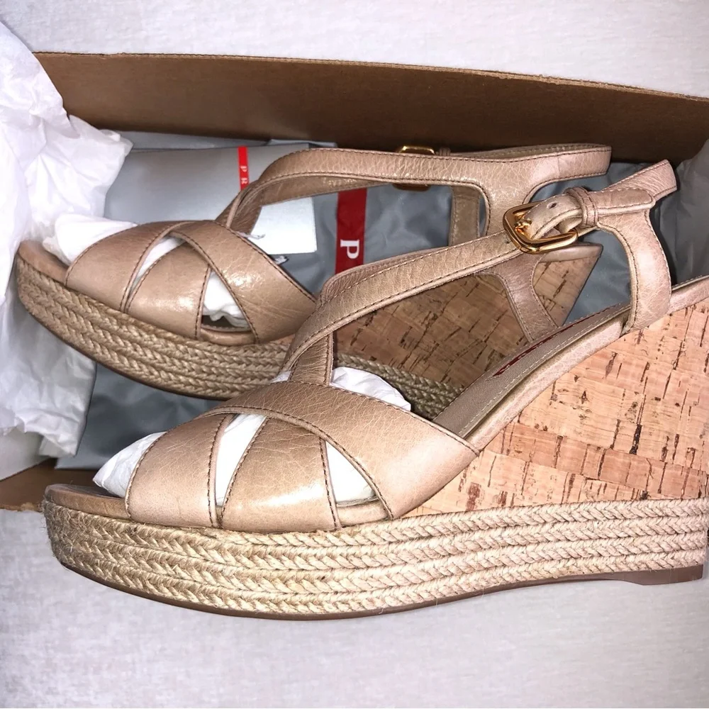 NWT Prada Tan Platform Cork Wedge Sandals New Size 38